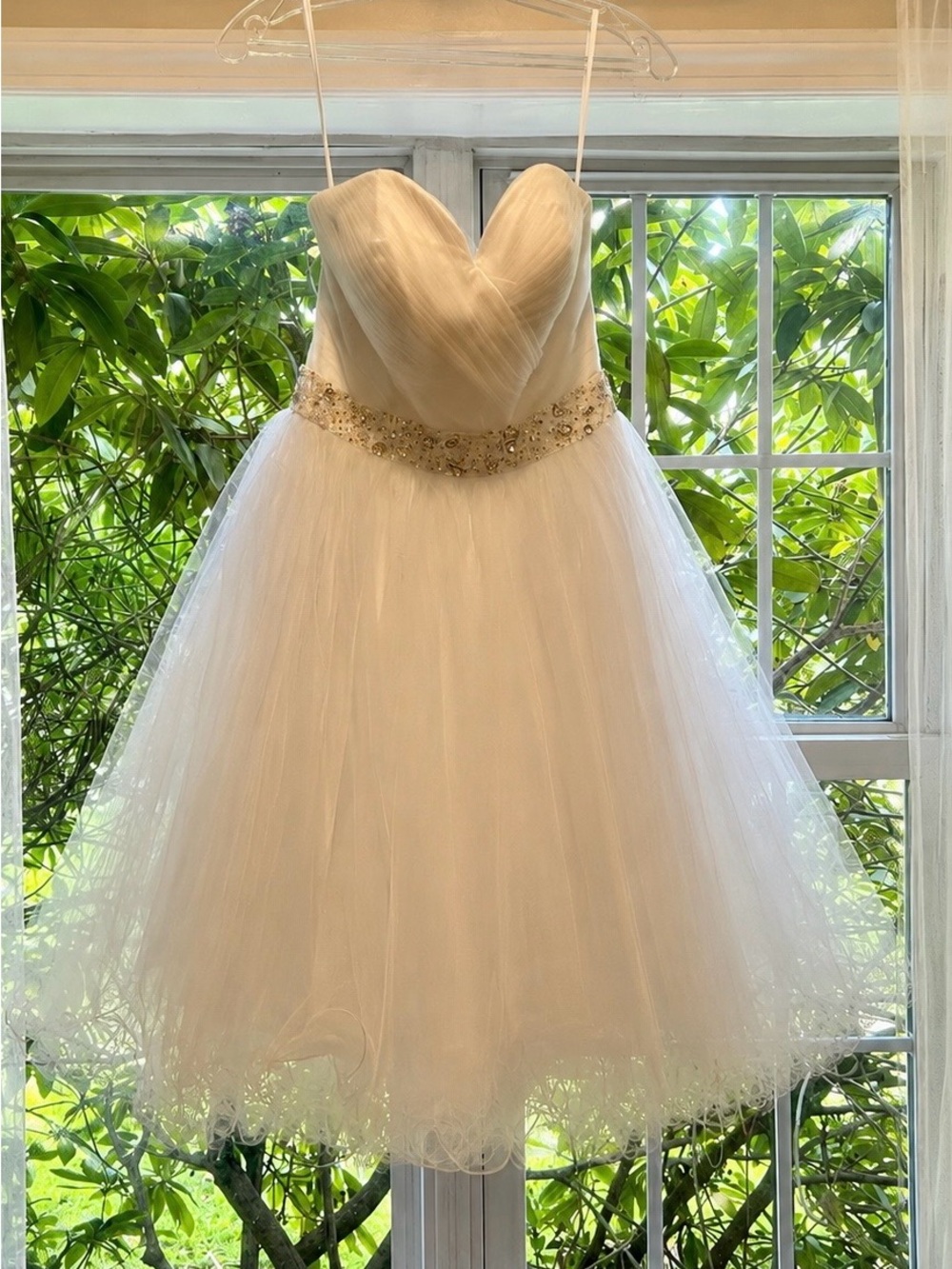 May Queen Strapless Ivory Tulle Dress with Embellished Waist
